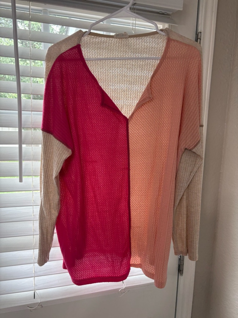 BiBi Colorblock Open-Knit Sweater in Hot Pink, Peach & Cream